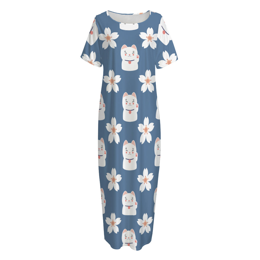 Japanese Lucky Cat And Sakura Print Short Sleeve Long Nightdress