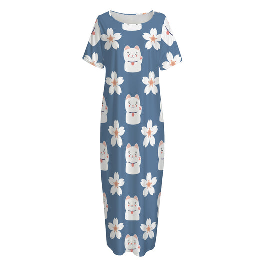 Japanese Lucky Cat And Sakura Print Short Sleeve Long Nightdress
