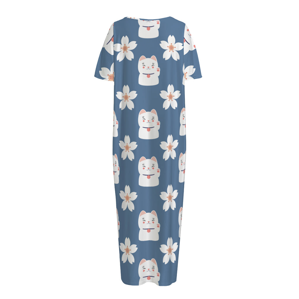 Japanese Lucky Cat And Sakura Print Short Sleeve Long Nightdress