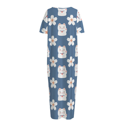 Japanese Lucky Cat And Sakura Print Short Sleeve Long Nightdress