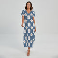 Japanese Lucky Cat And Sakura Print Short Sleeve Maxi Dress