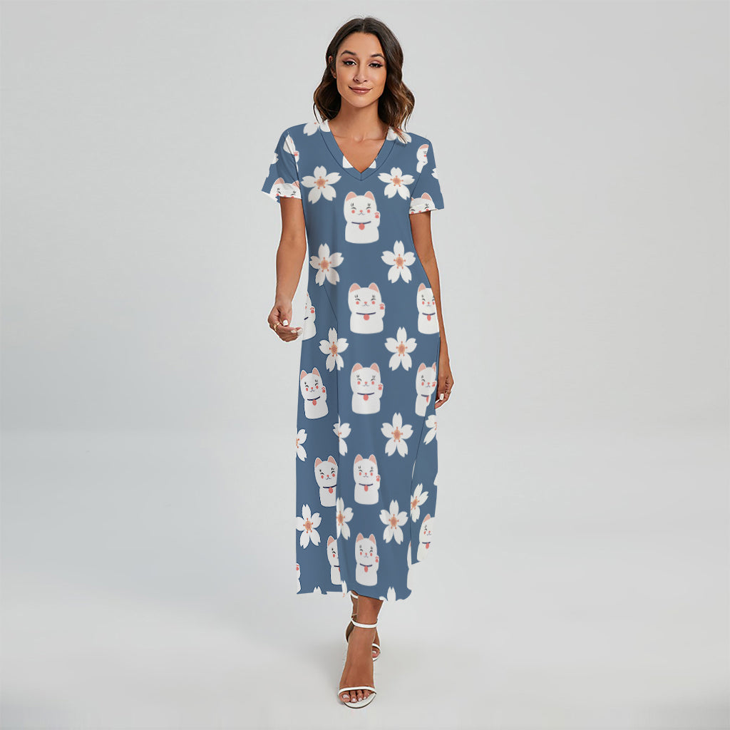 Japanese Lucky Cat And Sakura Print Short Sleeve Maxi Dress
