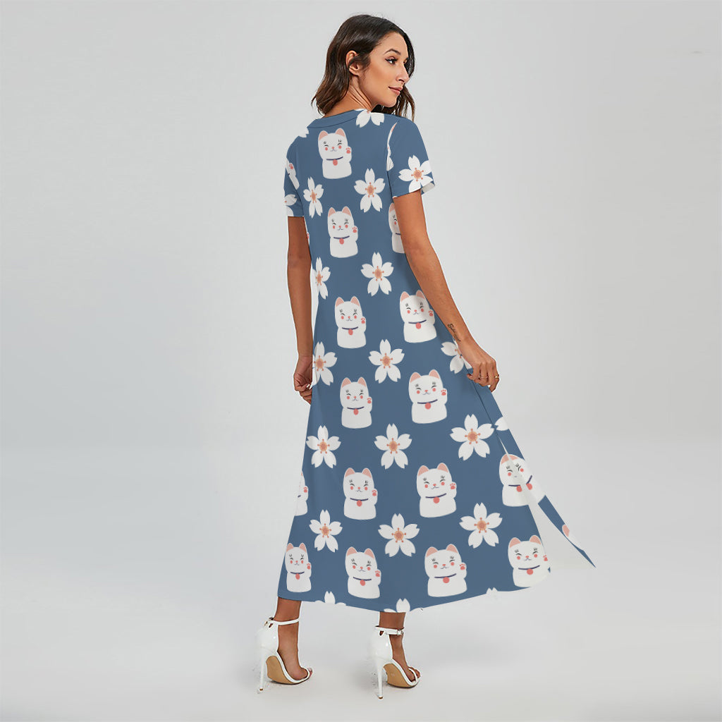 Japanese Lucky Cat And Sakura Print Short Sleeve Maxi Dress