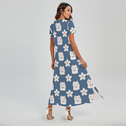 Japanese Lucky Cat And Sakura Print Short Sleeve Maxi Dress