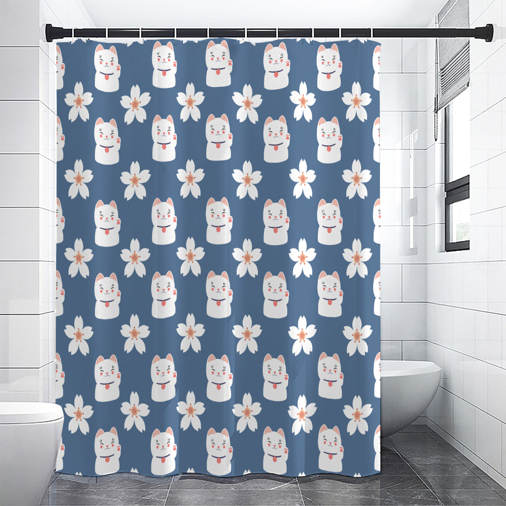 Japanese Lucky Cat And Sakura Print Shower Curtain