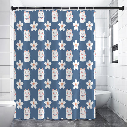 Japanese Lucky Cat And Sakura Print Shower Curtain
