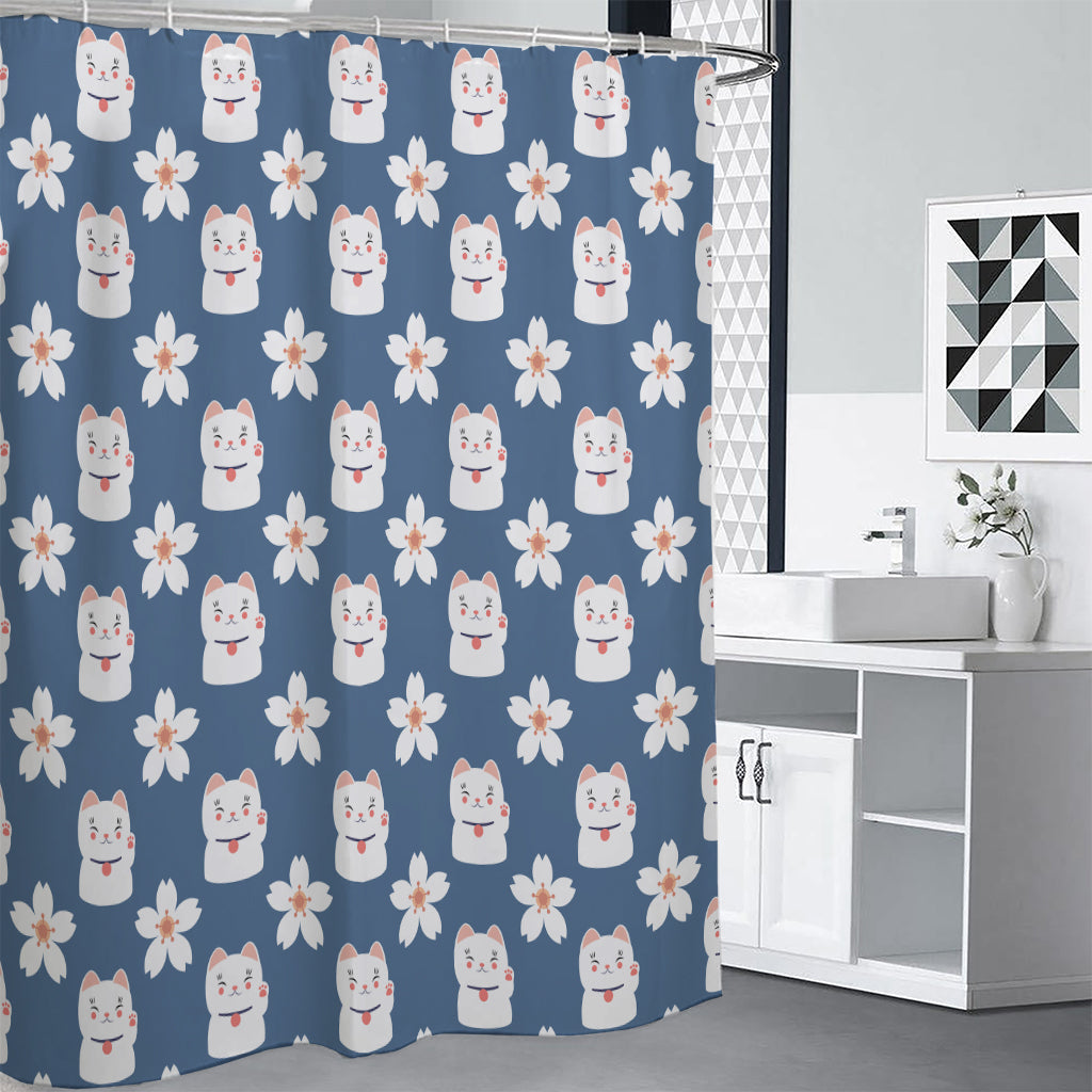 Japanese Lucky Cat And Sakura Print Shower Curtain
