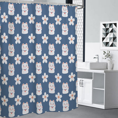 Japanese Lucky Cat And Sakura Print Shower Curtain