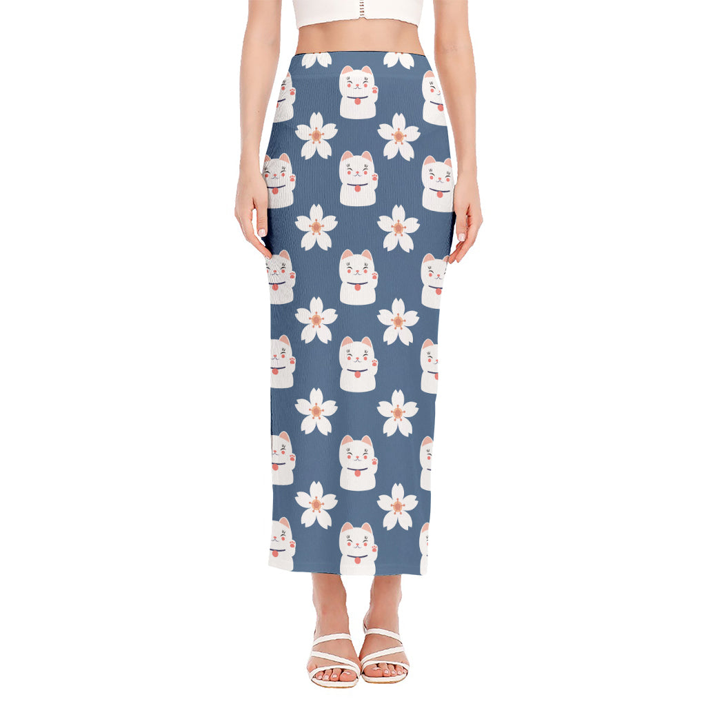 Japanese Lucky Cat And Sakura Print Side Slit Maxi Skirt