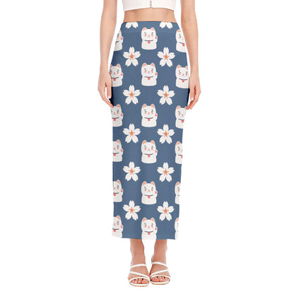 Japanese Lucky Cat And Sakura Print Side Slit Maxi Skirt