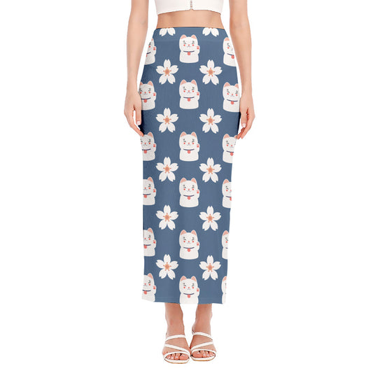 Japanese Lucky Cat And Sakura Print Side Slit Maxi Skirt