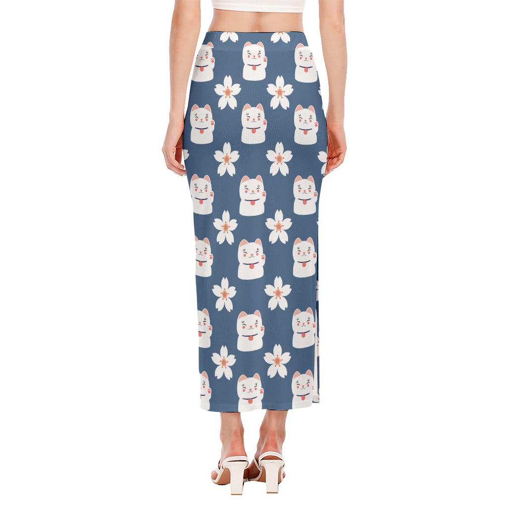 Japanese Lucky Cat And Sakura Print Side Slit Maxi Skirt