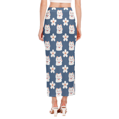 Japanese Lucky Cat And Sakura Print Side Slit Maxi Skirt