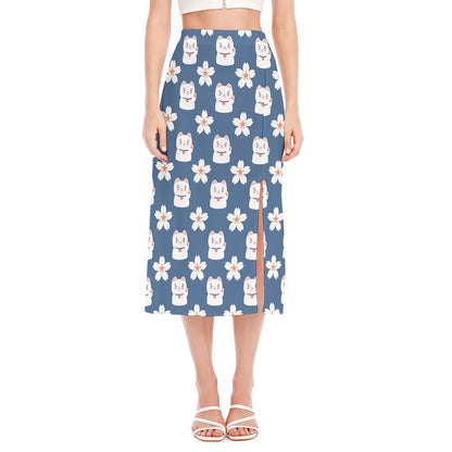 Japanese Lucky Cat And Sakura Print Side Slit Midi Skirt