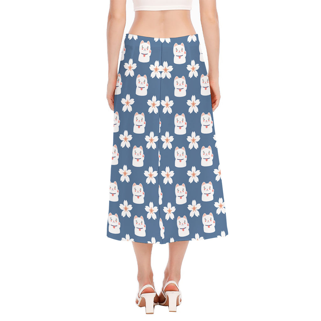 Japanese Lucky Cat And Sakura Print Side Slit Midi Skirt