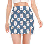 Japanese Lucky Cat And Sakura Print Side Slit Mini Skirt