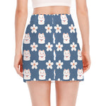 Japanese Lucky Cat And Sakura Print Side Slit Mini Skirt