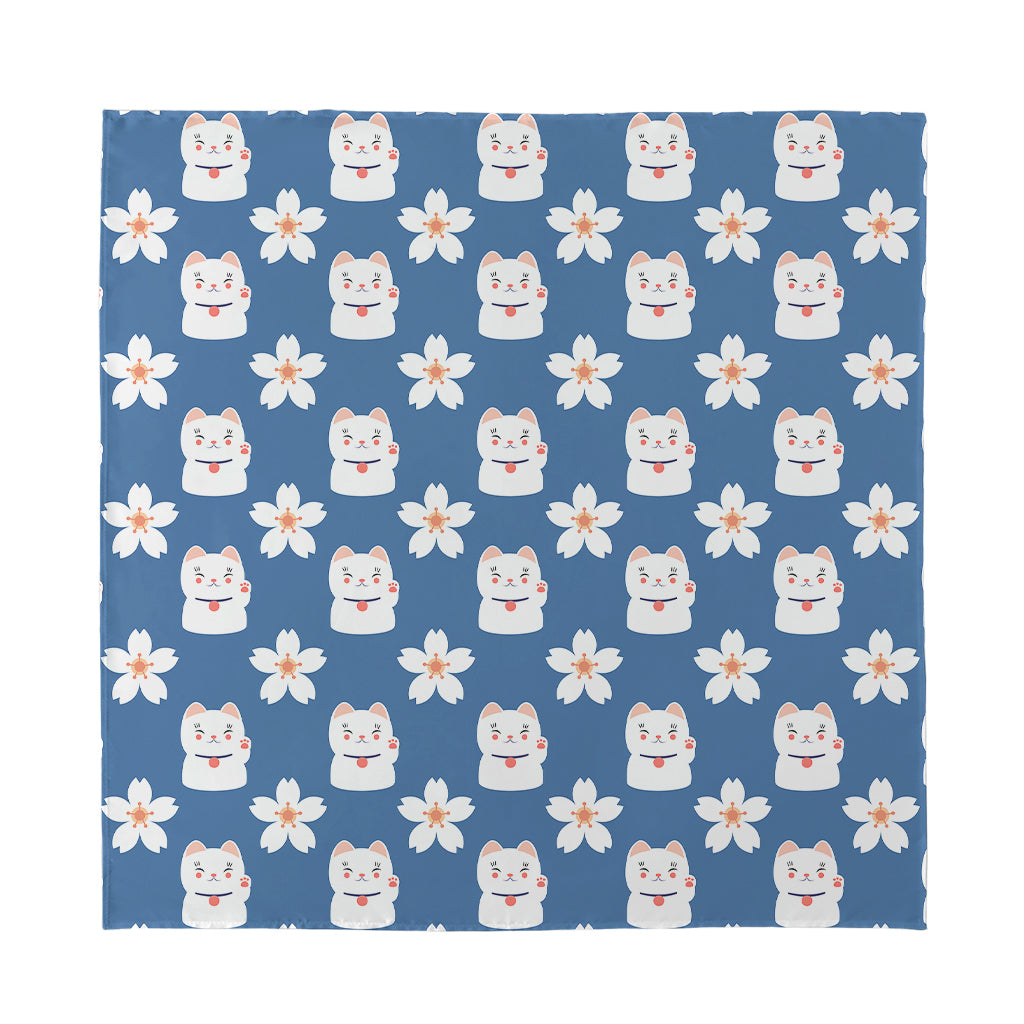Japanese Lucky Cat And Sakura Print Silk Bandana
