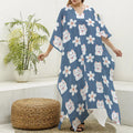 Japanese Lucky Cat And Sakura Print Silk V-Neck Kaftan Dress