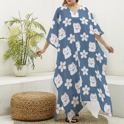 Japanese Lucky Cat And Sakura Print Silk V-Neck Kaftan Dress