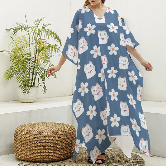 Japanese Lucky Cat And Sakura Print Silk V-Neck Kaftan Dress
