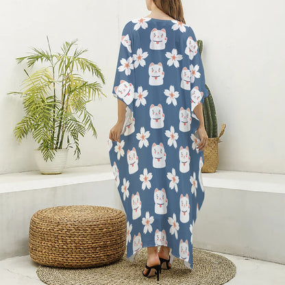 Japanese Lucky Cat And Sakura Print Silk V-Neck Kaftan Dress