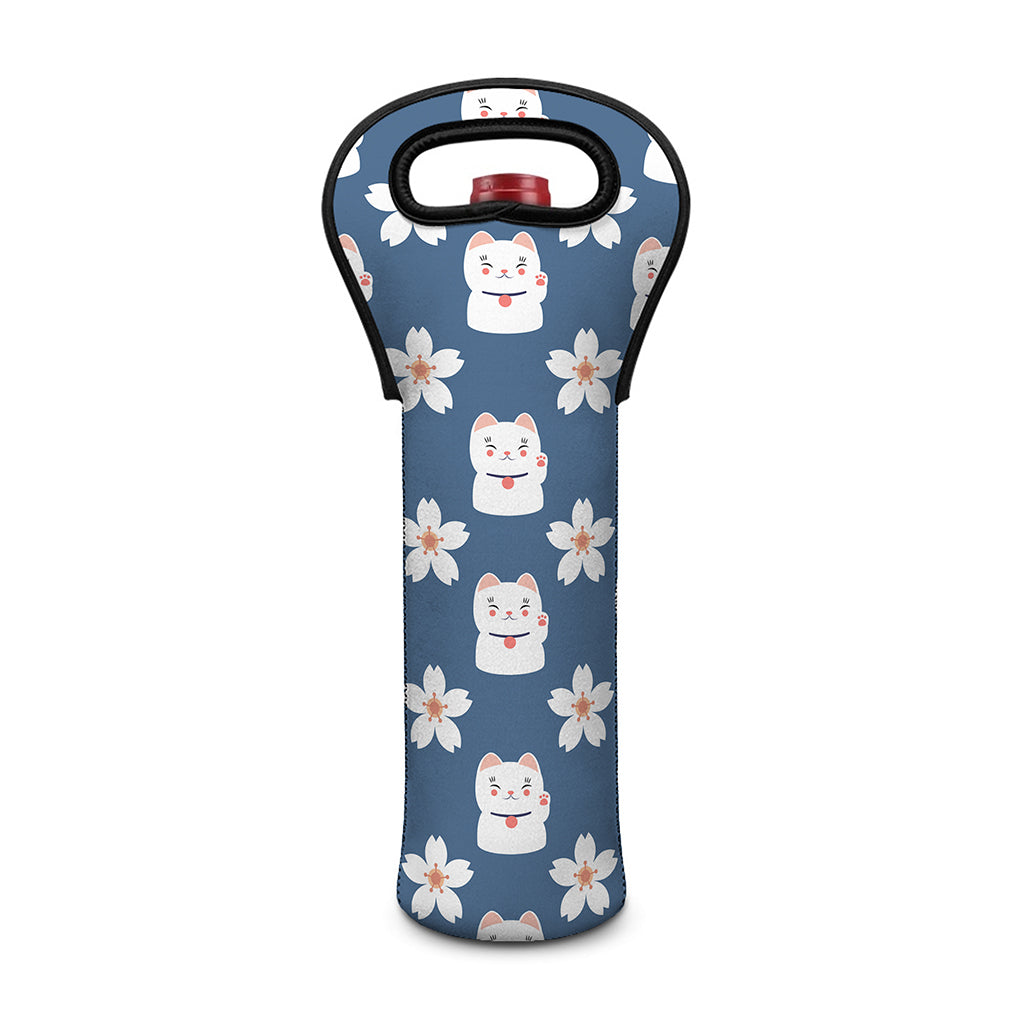Japanese Lucky Cat And Sakura Print Single Neoprene Wine Tote