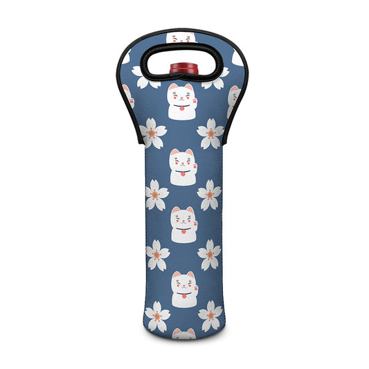Japanese Lucky Cat And Sakura Print Single Neoprene Wine Tote