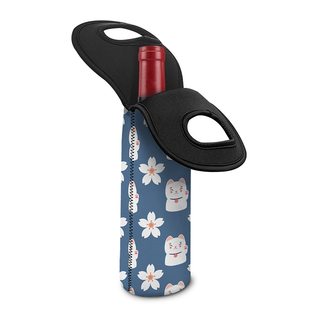 Japanese Lucky Cat And Sakura Print Single Neoprene Wine Tote