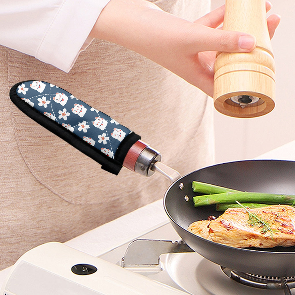 Japanese Lucky Cat And Sakura Print Skillet Handle Cover