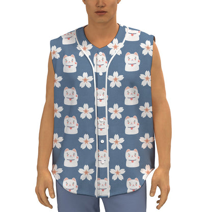 Japanese Lucky Cat And Sakura Print Sleeveless Baseball Jersey