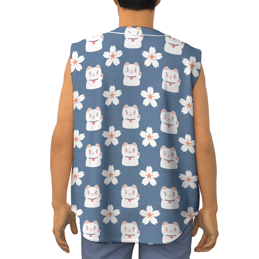 Japanese Lucky Cat And Sakura Print Sleeveless Baseball Jersey