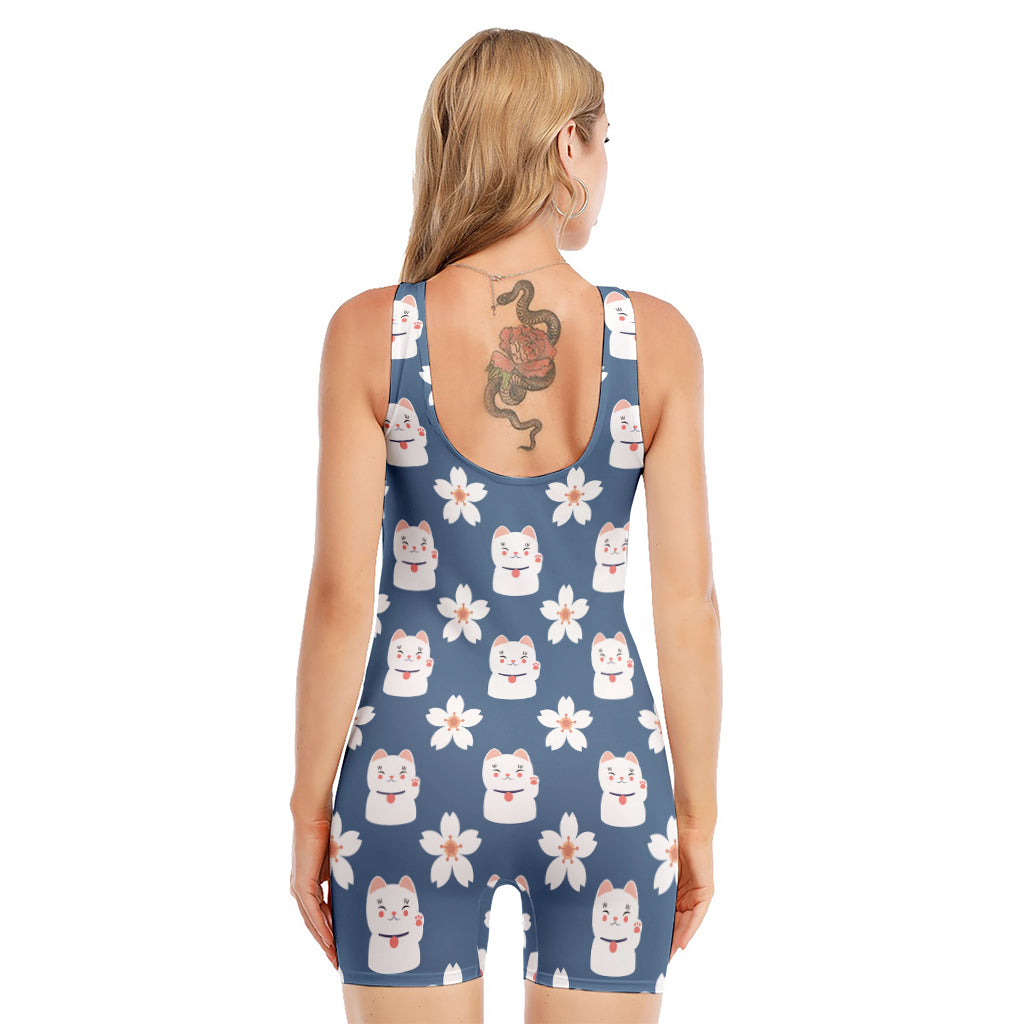 Japanese Lucky Cat And Sakura Print Sleeveless One Piece Swimsuit