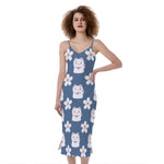 Japanese Lucky Cat And Sakura Print Slim Fit Midi Cami Dress