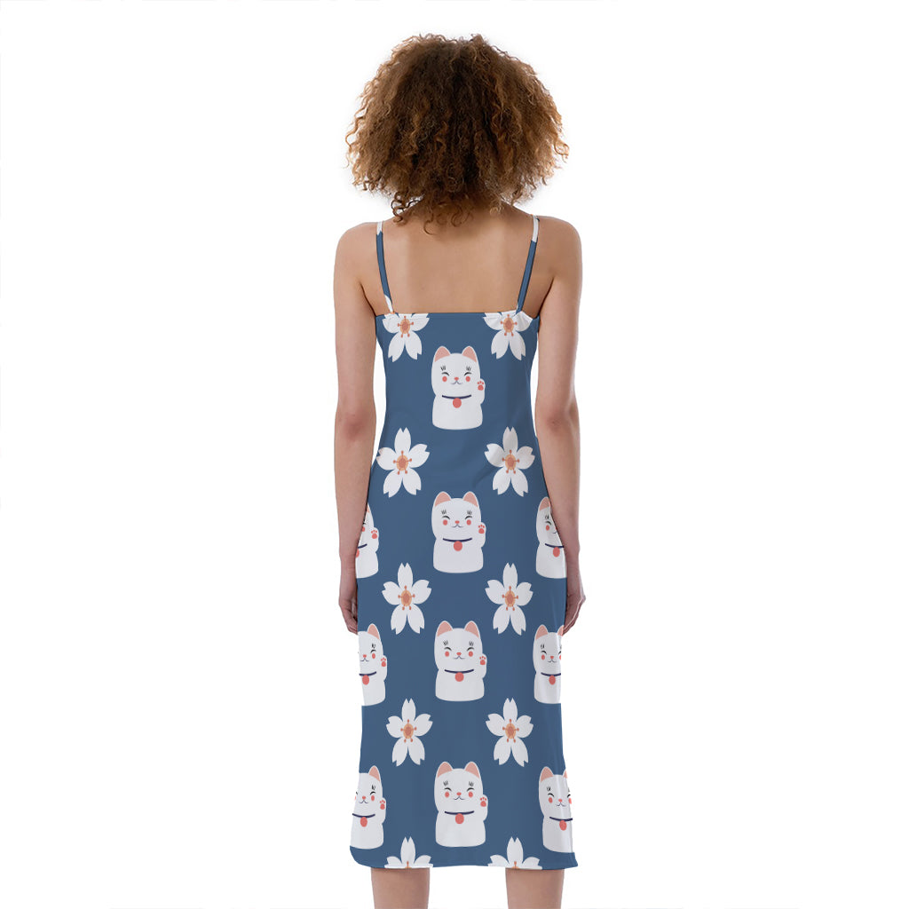 Japanese Lucky Cat And Sakura Print Slim Fit Midi Cami Dress