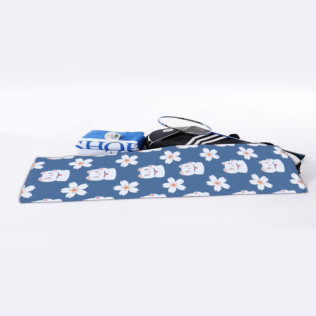 Japanese Lucky Cat And Sakura Print Sports Towel