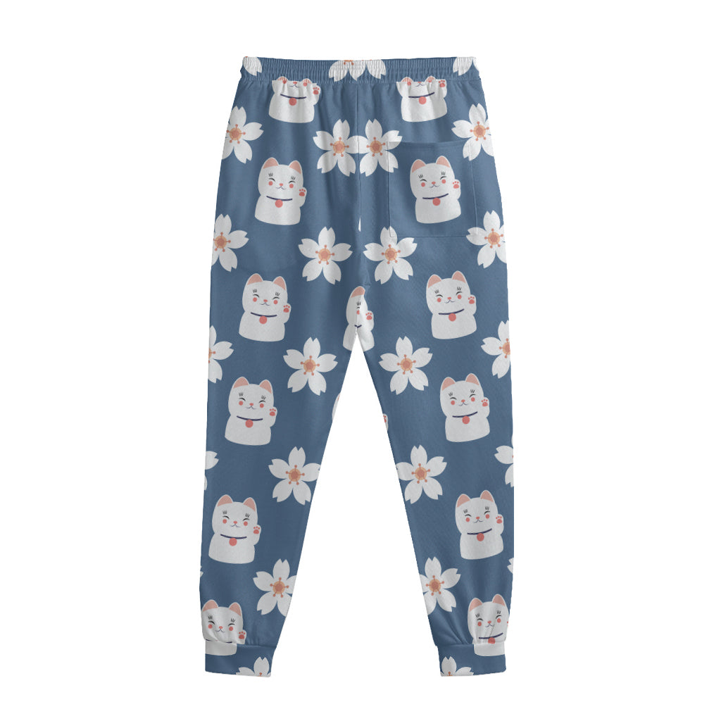 Japanese Lucky Cat And Sakura Print Sweatpants