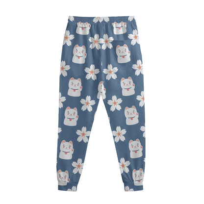Japanese Lucky Cat And Sakura Print Sweatpants