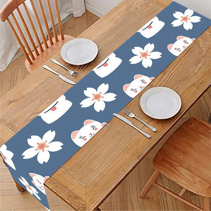 Japanese Lucky Cat And Sakura Print Table Runner