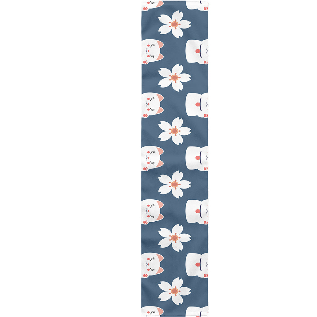 Japanese Lucky Cat And Sakura Print Table Runner