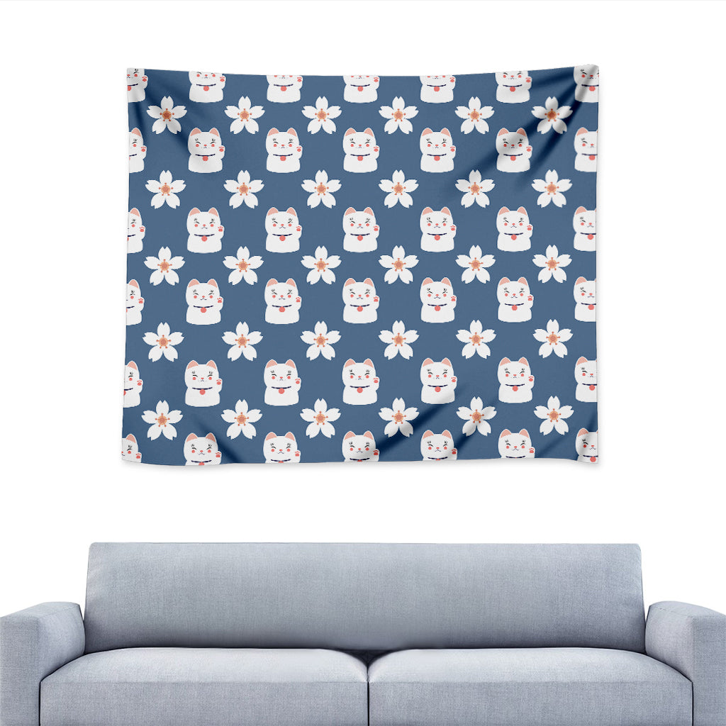Japanese Lucky Cat And Sakura Print Tapestry
