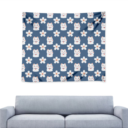 Japanese Lucky Cat And Sakura Print Tapestry