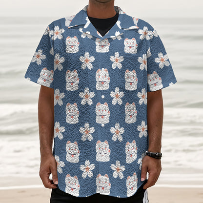 Japanese Lucky Cat And Sakura Print Textured Short Sleeve Shirt