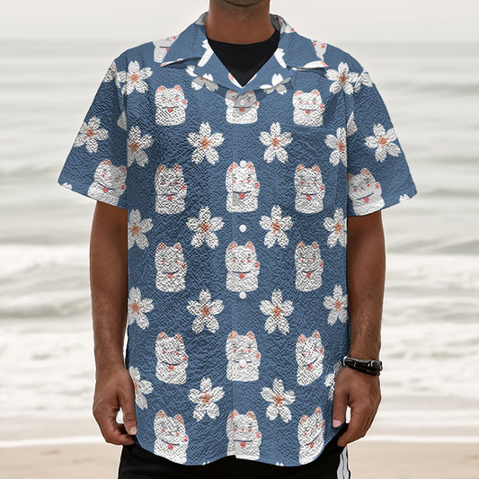 Japanese Lucky Cat And Sakura Print Textured Short Sleeve Shirt