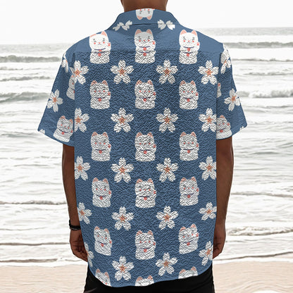 Japanese Lucky Cat And Sakura Print Textured Short Sleeve Shirt