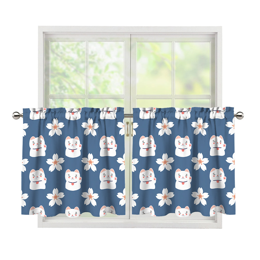 Japanese Lucky Cat And Sakura Print Tier Curtains