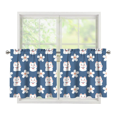 Japanese Lucky Cat And Sakura Print Tier Curtains