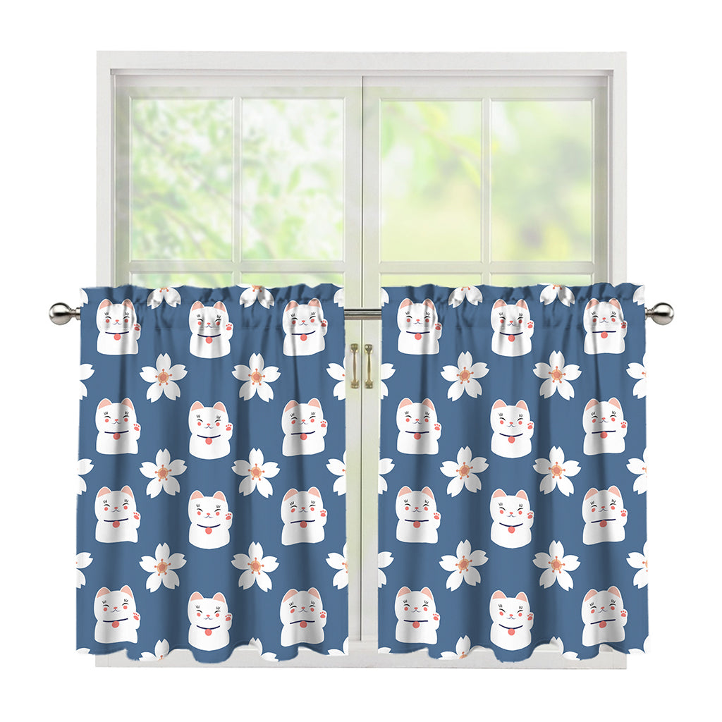 Japanese Lucky Cat And Sakura Print Tier Curtains