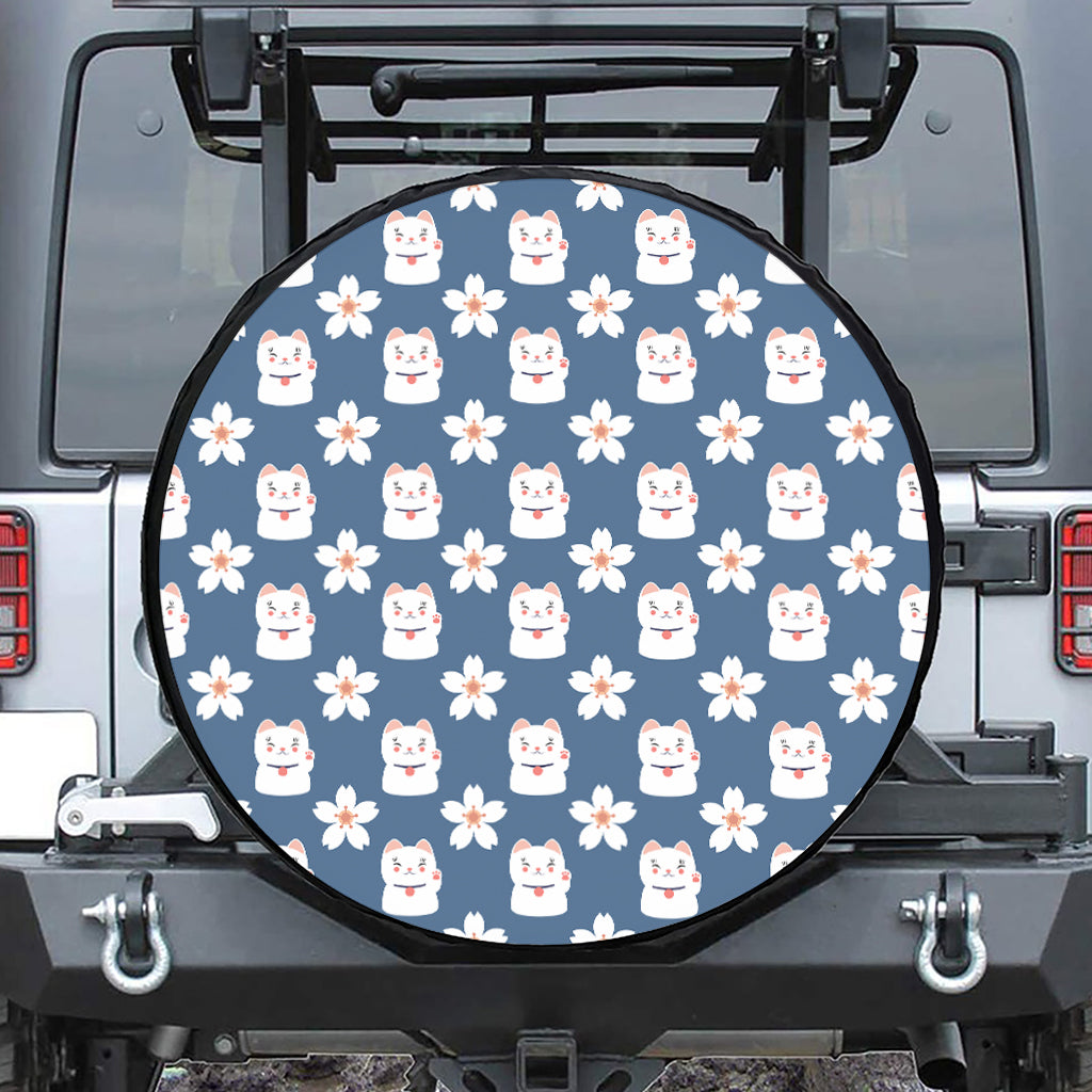 Japanese Lucky Cat And Sakura Print Tire Cover