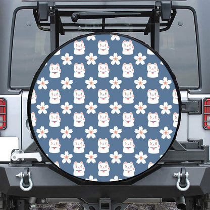 Japanese Lucky Cat And Sakura Print Tire Cover